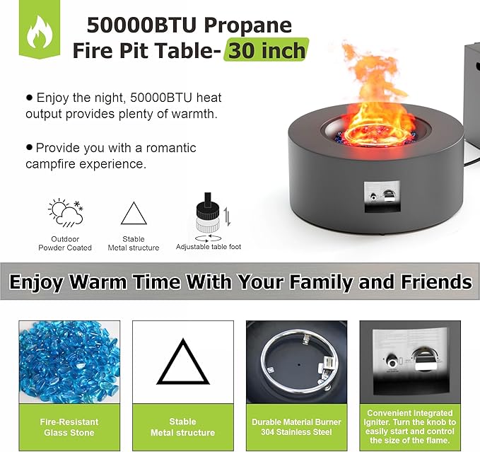 30" Round Propane Fire Pit Table - 50K BTU with Lid, Rocks Tank Storage and Cover - Round Gas Fire Pits for Outside Patio - Outdoor Table with Firepit (Grey, 30" Round)