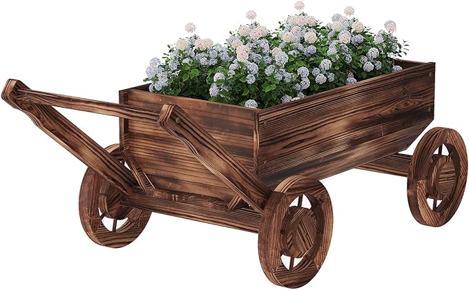 Wooden Flower Cart with Wheels Wooden Wagon Planter Outdoor Garden Planter Decor Planter for Patio Balcony Trolley Decoration Succulent Flower Pot, Indoor Backyard Balcon Decor（L）