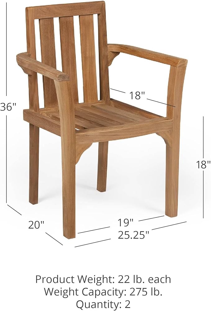 TITAN GREAT OUTDOORS Ash & Ember Sage Grade A Teak 2 Pack Classic Stacking Armchairs, Weather Resistant Premium Solid Wood Patio Lounge Chair with Intricate Back Support, Gently Curved Seat, Armrests
