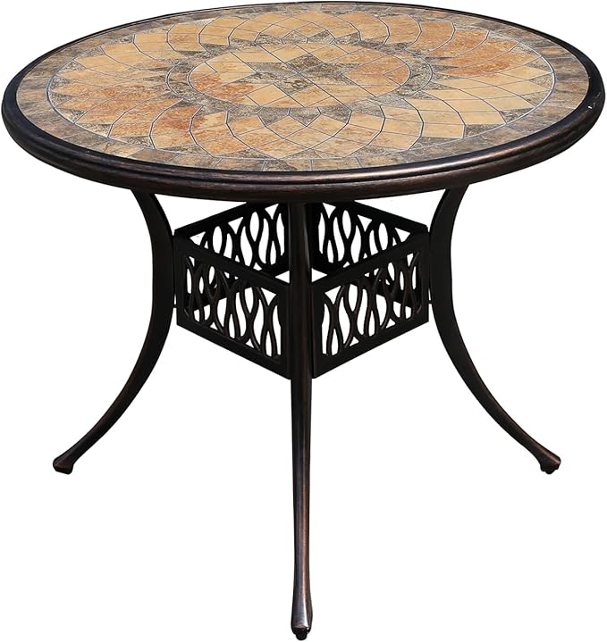 FAPOLITE Outdoor Table Tile Round Patio Table All Weather Aluminum Frame Outdoor Dining Tables for Lawn Garden Backyard (90cm Aluminium Tiled Round Table)