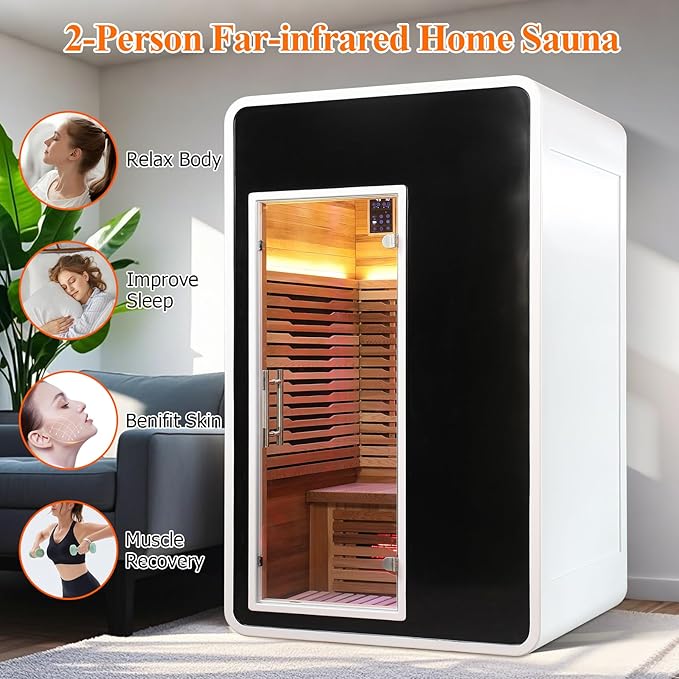 2 Person Infrared Sauna Room for Home,Canadian Hemlock Outdoor Wooden Dry Sauna with Rapid Heating Tubes& Carbon Plate,LCD Control Panel and Tempered Glass Door (2 Person-Hemlock)