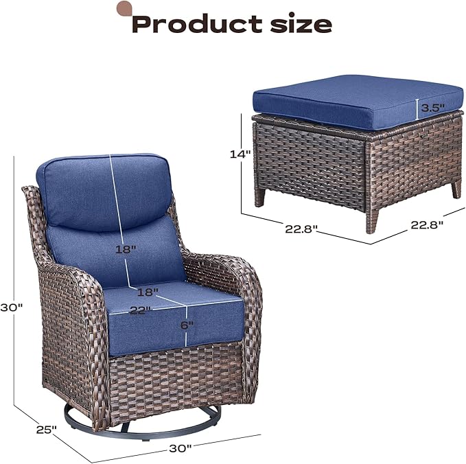 Rilyson Wicker Outdoor Patio Furniture Set - 4 Piece Patio Conversation Set with Swivel Rocker Chairs and Ottomans, 6 inch Cushions, High Back, Deep Seating, for Porch Deck Garden Brown/Blue