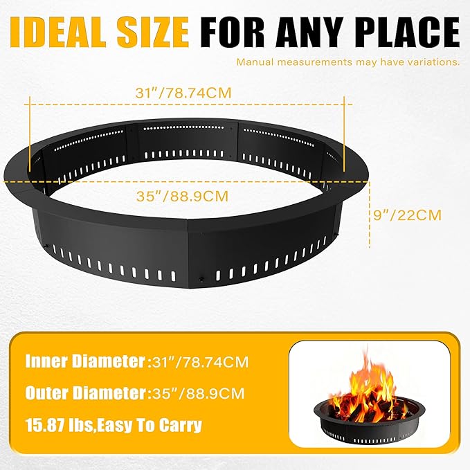 Smokeless Fire Pit Ring Insert - 31 Inch Outdoor Fire Pit Liner with Airflow Design for Efficient Burning, Durable Steel Construction, for Outdoor Camping