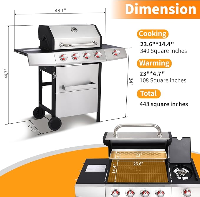 4 Burner Propane Gas Grill Combo w/Side Burner, 3-in-1 BBQ Grill with Charcoal Smoker & Griddle Plate, 46,650 BTU, 448 Sq.In. Stainless Steel Outdoor Cooking Station