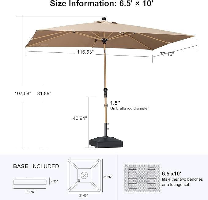 PURPLE LEAF 6.5' x 10' Outdoor Umbrella with Base Patio Umbrella Rectangular Outdoor Table Umbrella with Push Button Tilt & Crank and 8 Ribs Aluminum Market Umbrella for Backyard Deck, Taupe