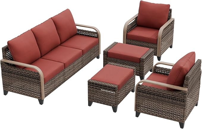 EAGLE PEAK Modern Wicker Outdoor Patio Furniture Set, Patio Conversation Set, 2 Chairs, 3-Seat Loveseat and 2 Ottomans, 5 Pieces, Brown/Red