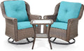 3 Piece Patio Swivel Chairs and Side Table Set - High Back Outdoor Brown Wicker Rattan Rocking Glider with Thick Cushions for Porch Apartment Deck Yard Poolside Garden - Turqoise