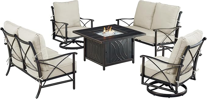 Oakland Living Black Aluminum Patio Fire Table Set with Two Deep Seating Loveseat with Cushions and Two Club Chairs