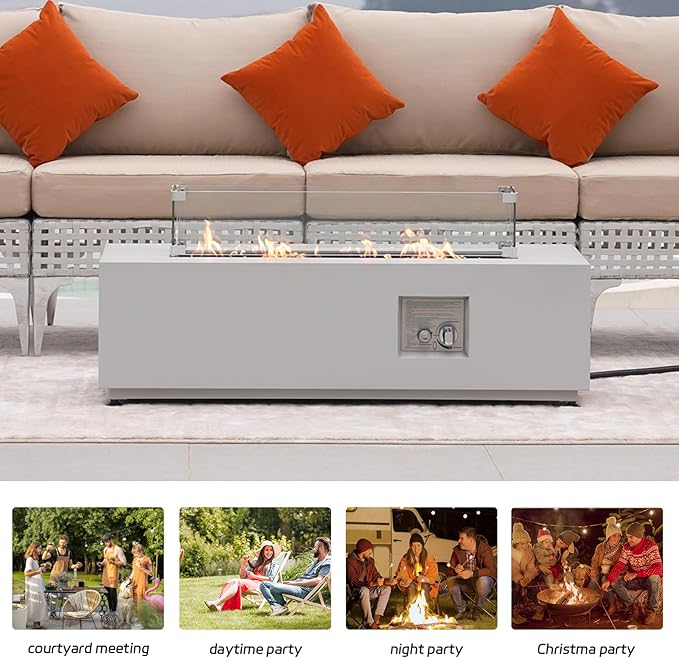 NICESOUL 42'' Rectangle Outdoor Gas/Propane Firepit Table, 50,000 BTU Low Profile Modern Fire Pit with Tank Storage & Windguard& Cover & Glass Rocks for Patio Outside, CSA Certified, Greyish White