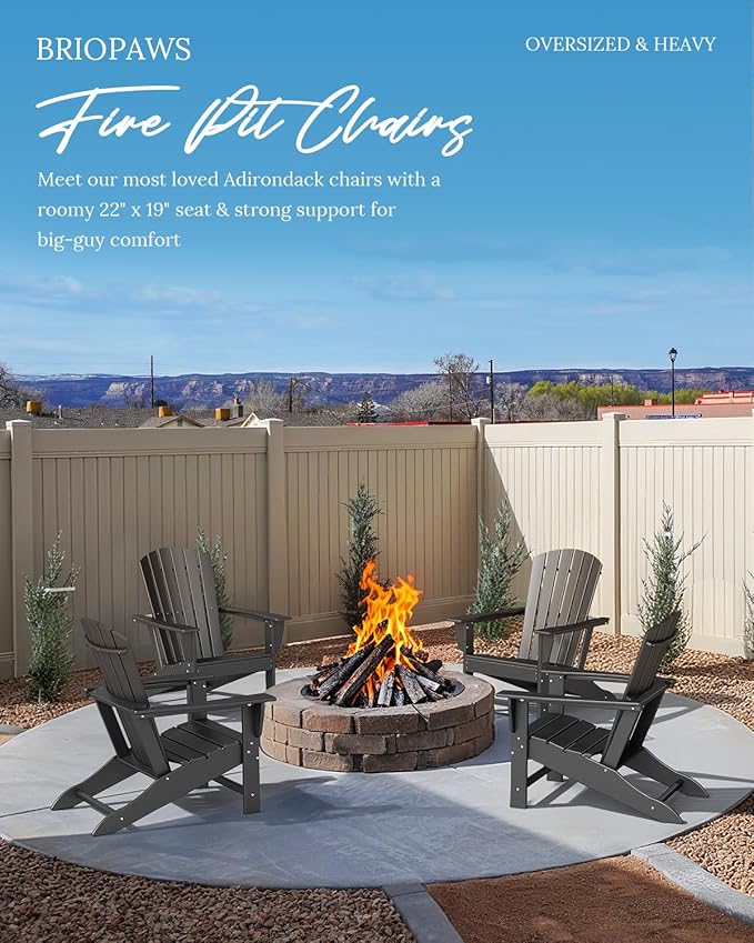 BRIOPAWS Adirondack-Chairs-Set of 4 | Black | Fire Pit Chair | Oversized | HDPE Plastic | All Weather | for Deck Outdoor Poolside Campfire