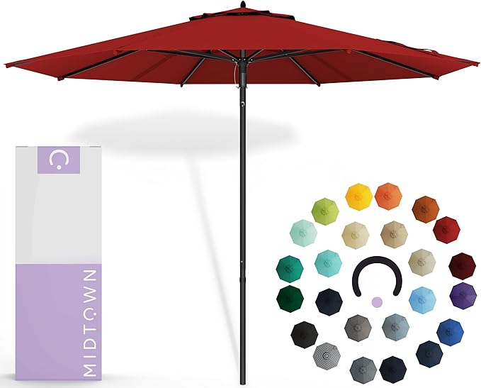 Midtown Umbrellas Push Pop Sunbrella Umbrella 9 Feet Outdoor Umbrella in Red Fabric - Patio Umbrella, Backyard Umbrella, Garden Umbrella, Picnic Table Umbrella & Pool Umbrella - Black Pole