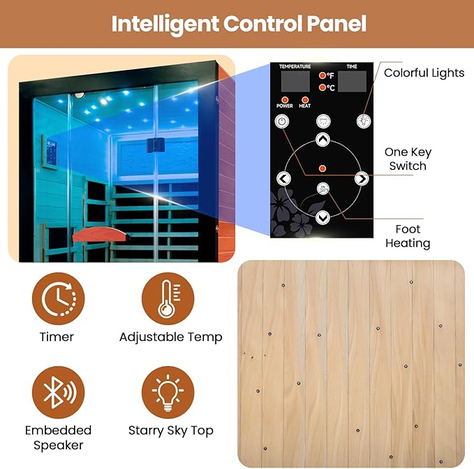 2 Person Sauna Room Far Infrared for Sauna Home Indoor 2000W/110V Low-EMF Wood Okoume Dry Sauna with Air Hole, Full Starry Sky Lights in 7 Color Remedies, Control Panel, Speaker - 47.3*41.3*74.8 IN