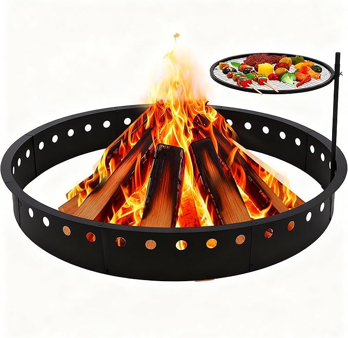 60 Inch Smokeless Fire Pit Ring with Grill Fire Ring for Outside Heavy Duty Metal Firepit Insert Round Steel Large Above/In-Ground Camping Firepit for Outdoor Camping Patio Picnic BBQ Garden