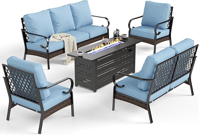 SUNSHINE VALLEY 5 Piece Metal Outdoor Patio Furniture Sets with Firepit Table, Patio Conversation Sets 1 3-Seater Sofa, 1 2-Seater Loveseat, 2 Single Sofa with 5.75" Cushion for Backyard Deck, Blue