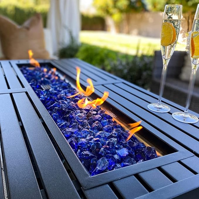 Sophia & William Patio Furniture Sets with 45" Gas Fire Pit Table Outdoor Metal Conversation Sets for 5, 2 x Swivel Cushioned Patio Sofa Chairs, 1 x 3-Seat Sofa 4 Pieces for Lawn Backyard Blue