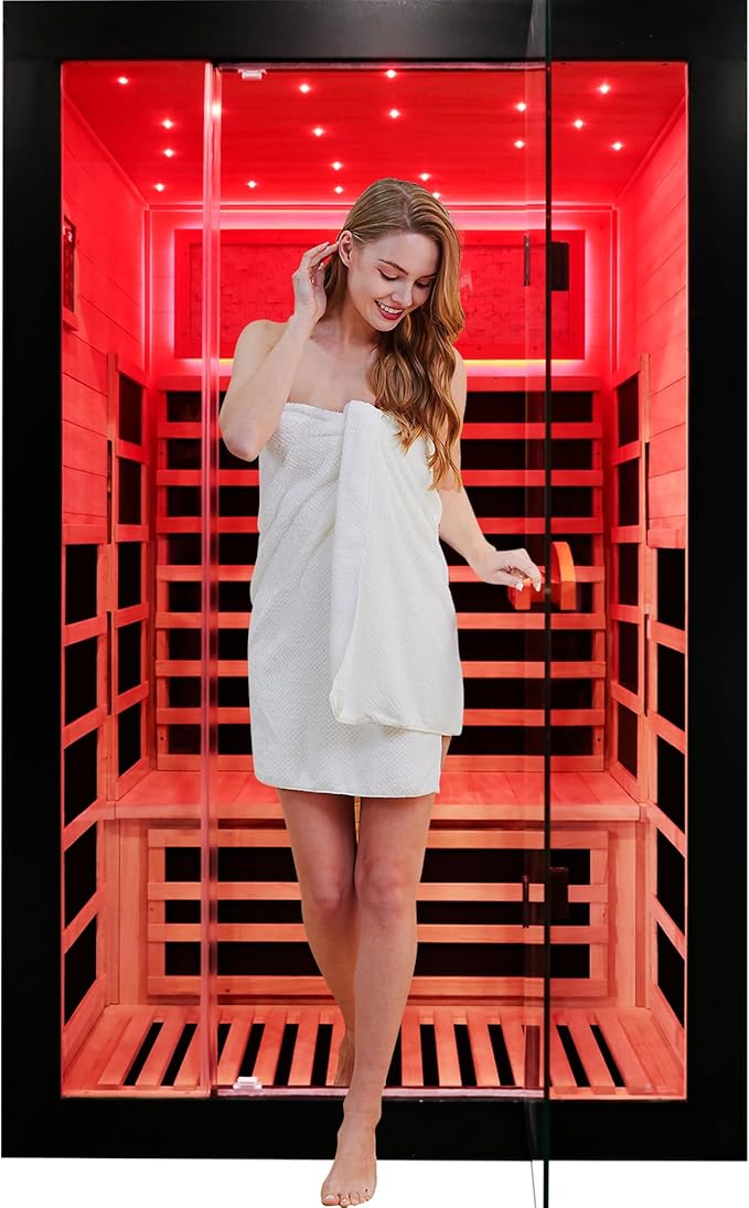 2 Person Far Infrared Home Sauna Low EMF 2000W 110V Wooden Indoor Dry Sauna with Red Light Therapy Bluetooth Speakers 47.24"x41.34"x74.8"