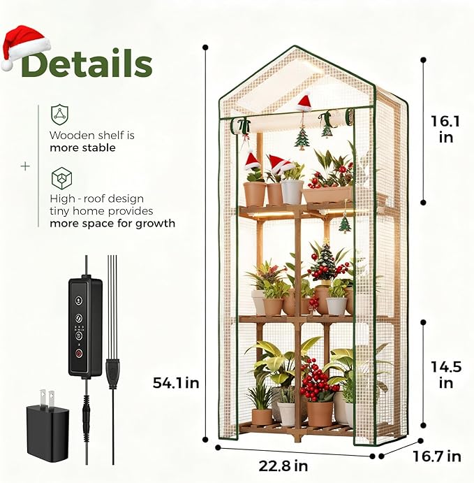 Bamworld Mini Greenhouse with Grow Light Plant Stand for Mutiple Pots Outdoor 3-Tierd Reusable Portable Warm House with PE Cover Compact Patio Boho Home Decor