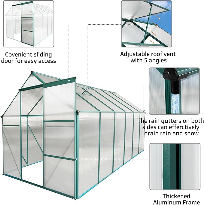 6×12 FT Polycarbonate Greenhouse for Outdoors, Large Walk-in Aluminum Green House Kit with Raised Base, Anchor, Sliding Door & Roof Vent, Heavy-Duty Outdoor Winter Greenhouse, Green