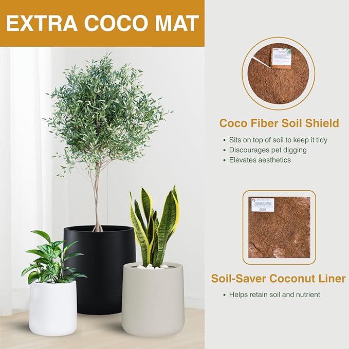 15.3"H x 15"D Conico Fiberstone Round Planter - Christmas Tree Planter, Smooth Finishes, Weather Resistant for Indoor and Outdoor Use, Included 2 Extra Coco Mats (Taupe, 11.7" Pot Opening)