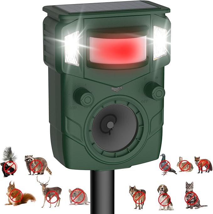 Solar Ultrasonic Animal Repellent, Multi-Modes Deer Repellent Devices,Cat Deterrent Outdoor, Squirrel Raccoon Dog Deterrent with Motion Sensor & Ultrasonic Waves for Garden Yard