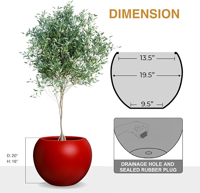 16" H x 20" D Globo Fiberstone Round Planter - Christmas Tree Planter, Smooth Finish, Weather Resistant for Indoor & Outdoor Use, Included 2 Extra Coco Mats (Red, 13.5" Pot Opening)