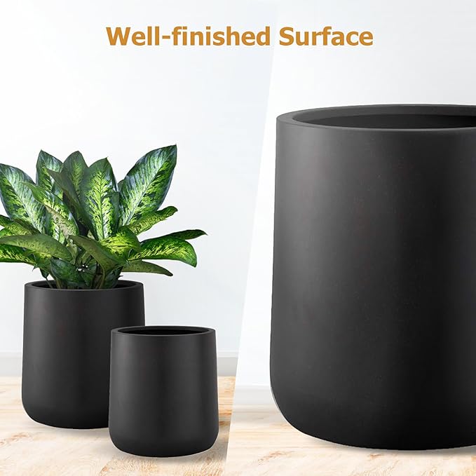 15.3"H x 15"D Conico Fiberstone Round Planter - Christmas Tree Planter, Smooth Finishes, Weather Resistant for Indoor and Outdoor Use, Included 2 Extra Coco Mats (Black, 11.7" Pot Opening)