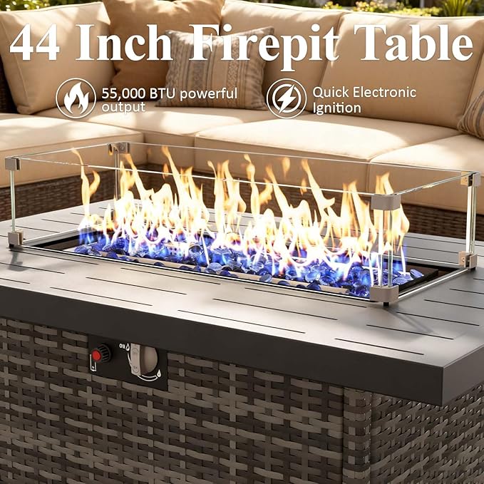 Propane Fire Pit Table, 44" Outdoor Gas Fire Pit with Glass Wind Guard & Waterproof Cover