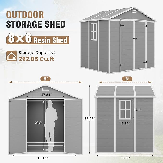 Amopatio 8x6 FT Storage Shed, Resin Outdoor Shed with Floor Included, Plastic Sheds Outdoor Storage for Bike, Garden Tools, Sheds & Outdoor Storage with Lockable Door, Window & Vents, Grey & White