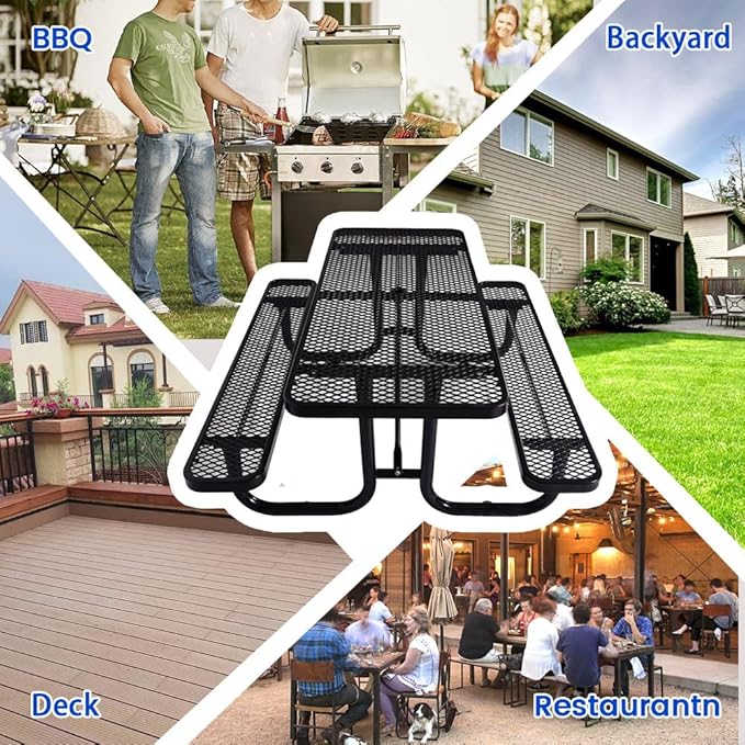 KUFUH 72" Rectangular Metal Picnic Table for 4-8 Person, Durable Heavy Duty Commercial Picnic Table with Umbrella Hole for Outdoor Coffee Shop, School, Hospital, Easy to Install, Black