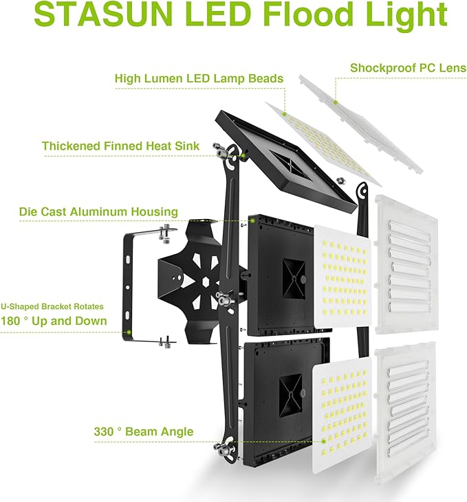 2 Pack LED Flood Lights Outdoor, STASUN 480W 48000lm 6000K Daylight White IP66 Waterproof, Commercial Parking Lot Lights, 3 Heads for Yard Street Stadium Outdoor Area Floodlight Bright Security Lights
