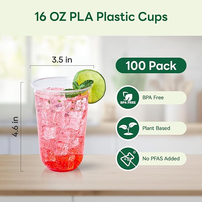 Vplus 16 oz Compostable Clear Plastic Cold Cups, 100 Pack Biodegradable Disposable Cups, BPA & PFAS Free, Plant-Based Plastic Cups for Juice, Wine, Parties, Weddings, and Everyday Use