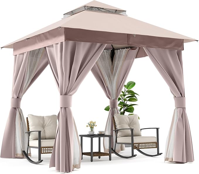 LAUSAINT HOME Outdoor Patio Gazebo 8'x8' with Expansion Bolts, Heavy Duty Party Tent & Shelter with Double Roofs, Mosquito Nettings and Privacy Screens for Backyard (Khaki)