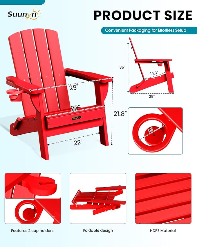 Folding Adirondack Chair 4 Pack, HDPE All-Weather Fire Pit Chairs, Plastic Adirondack Chairs with 2 Cup Holder, Outdoor Lawn Chair for Patio Garden (Red)