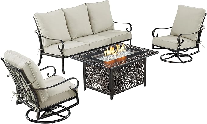 Oakland Living Black Aluminum Patio Fire Table Set with Deep Seating Sofa, Two Club Chairs and Wind Blocker