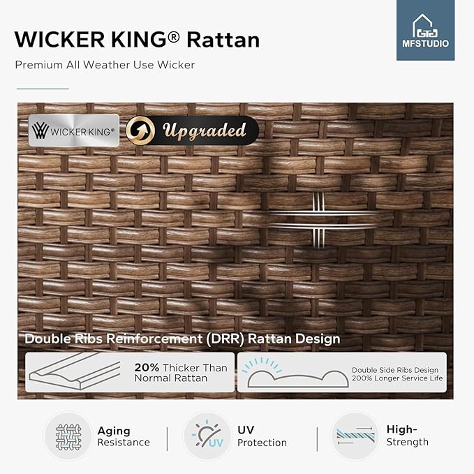 MFSTUDIO 9 Pieces Wicker Patio Furniture Set with 56" Fire Pit Table, Half-Moon Curved Patio Sectional Sofa Set, Extra Large Rattan Outdoor Conversation Sets for Lawn, Garden(Aqua Blue Cushion)
