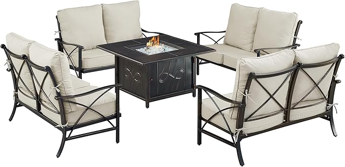Oakland Living Black Aluminum Patio Fire Table Set with Four Deep Seating Loveseat with Cushions