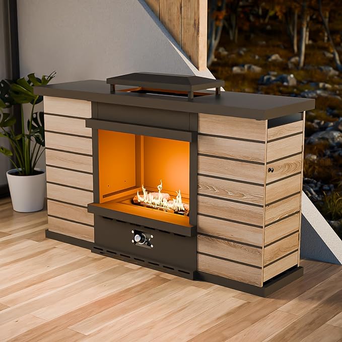 63'' Outdoor Propane Fireplace with Tank Storage & Extra Storage Cabinet, CSA Certified 50,000 BTU Patio Firepit with Dust Cover for Garden, Backyard and Balcony, Gray/Beige