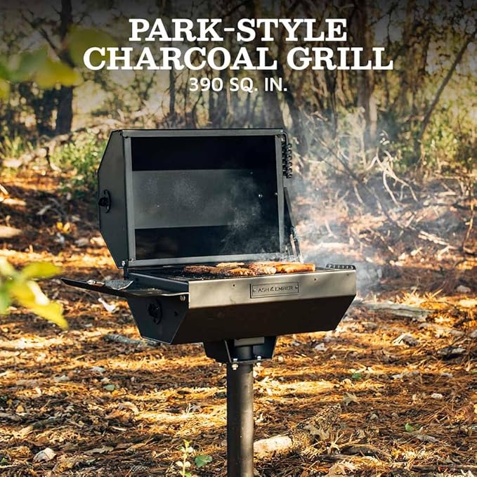 Ash & Ember Park-Style Grill & Smoker, 390 Sq. In Charcoal Grill with Cover, Side Shelf for BBQ Cooking Prep & Accessories, Single Post Barbeque Grill, Outdoor Grills & Smokers