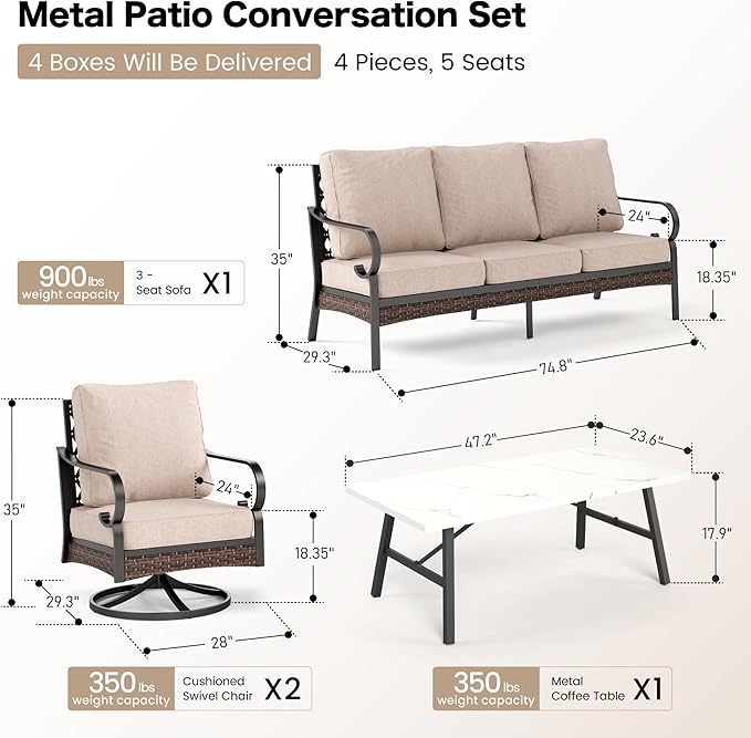 SUNSHINE VALLEY 4 PCS Metal Outdoor Patio Furniture Set, Patio Conversation Sets 1 3-Seater Sofa, 2 Swivel Chairs with 5.75" Extra Thick Cushion & Coffee Table, Black Frame Backyard Furniture, Beige