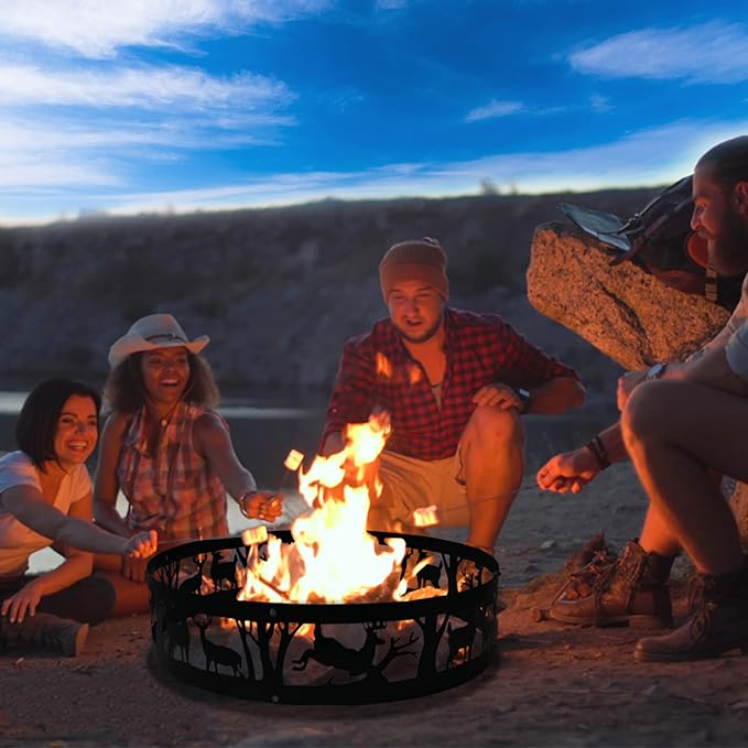 Fire Pit Ring Outdoor Steel: Heavy Duty Round Firepit Ring with Patterned Cutouts for Backyard Camping & Beach Bonfires 36Inch