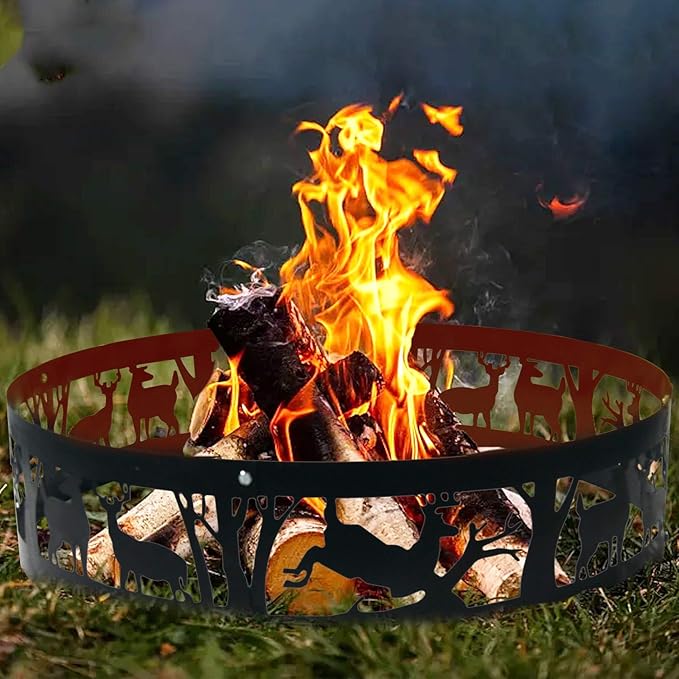 Fire Pit Ring Outdoor Steel: Heavy Duty Round Firepit Ring with Patterned Cutouts for Backyard Camping & Beach Bonfires 36Inch