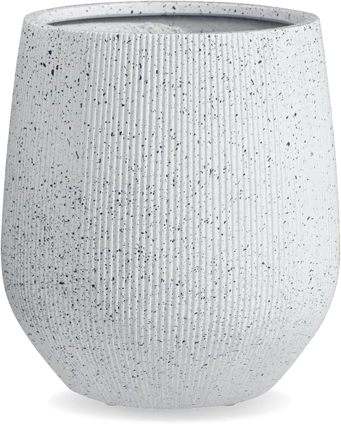 16.5"H x 15"D Ribbed Corso Fiberstone Round Planter - Christmas Tree Planter, Weather Resistant for Indoor & Outdoor Use, Included 2 Extra Coco Mats (Ribbed Speckled White,11.5" Pot Opening)