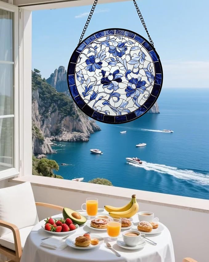 AMDERVEN Stained Glass Window Hanging, Blue and White Abstract Flowers Sun Catcher for Door Home Decor Suncatcher Christmas Mother's Day Birthday Gifts for Women Men Mom and Nana 7.8 in