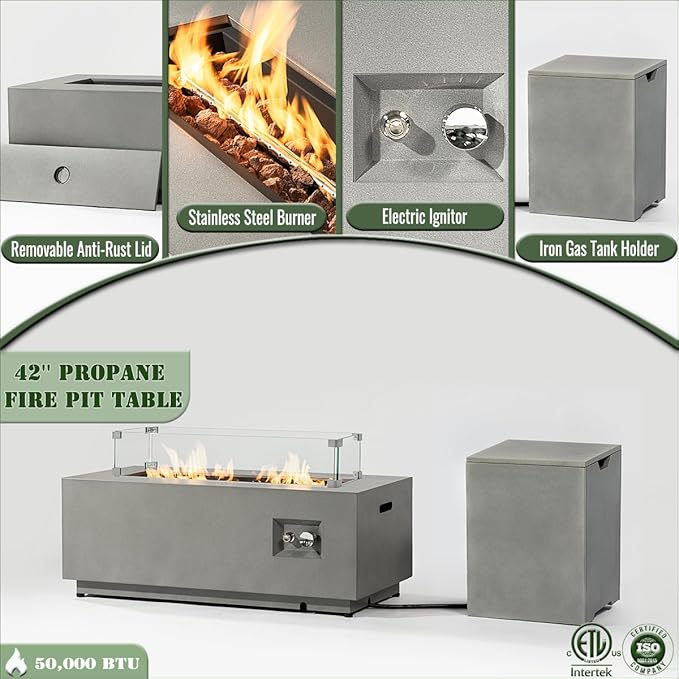 Propane Fire Pit Table 2-Pieces, 42 Inch Firepits for Outside, Rectangular Gas Fire Pit for Outside Patio, Propane Fire Table with Tank Cover for Patio, Backyard, 50000BTU, Gray