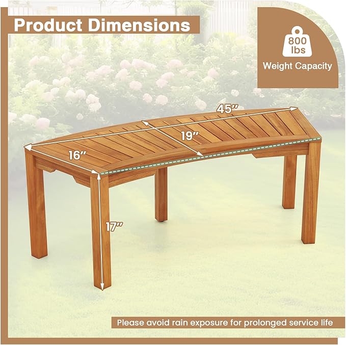 RELAX4LIFE Wooden Outdoor Curved Bench - Acacia Wood Garden Bench w/Slatted Seat, 2-Person Outside Backless Seating for Porch Backyard Deck Park, 800 LBS Load Capacity, Patio Fire Pit Bench (2, 45'')