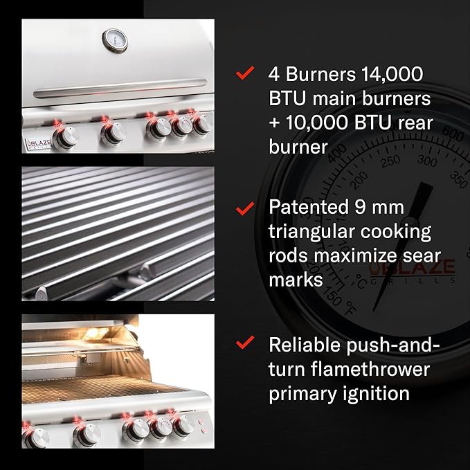Blaze Grills Premium LTE+ | 32-Inch 4-Burner Barbecue | Built-In Propane Gas Grill | Professional Stainless Steel BBQ | Rear Infrared Burner + Rotisserie Kit | BLZ-4LTE3-LP