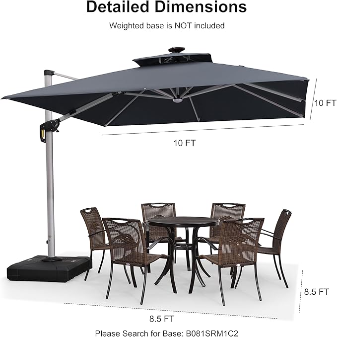PURPLE LEAF 10 Feet Double Top Deluxe Solar Powered LED Square Patio Umbrella Offset Hanging Umbrella Outdoor Market Umbrella Garden Umbrella, Navy Blue