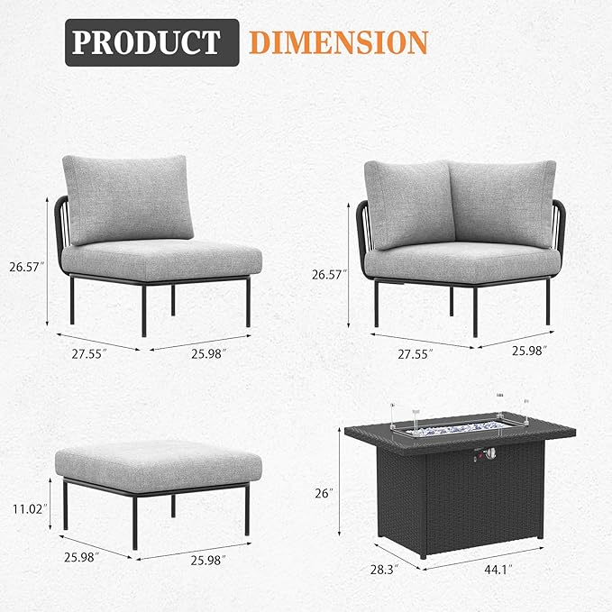 9 Piece Modern Outdoor Rope Wicker Sectional Patio L-Shaped Conversation Sofa Set Deep Seating with Fire Pit Table