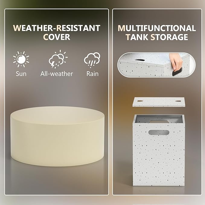 Dineli 2-Piece Outdoor Propane Fire Pit Table Set w Tank Table 30'' Round Fire Pit Table 2-in-1 Firepit Table for Outside Patio Gas Fire Pit w LED, 50,000 BTU, Speckled White with Warmlight