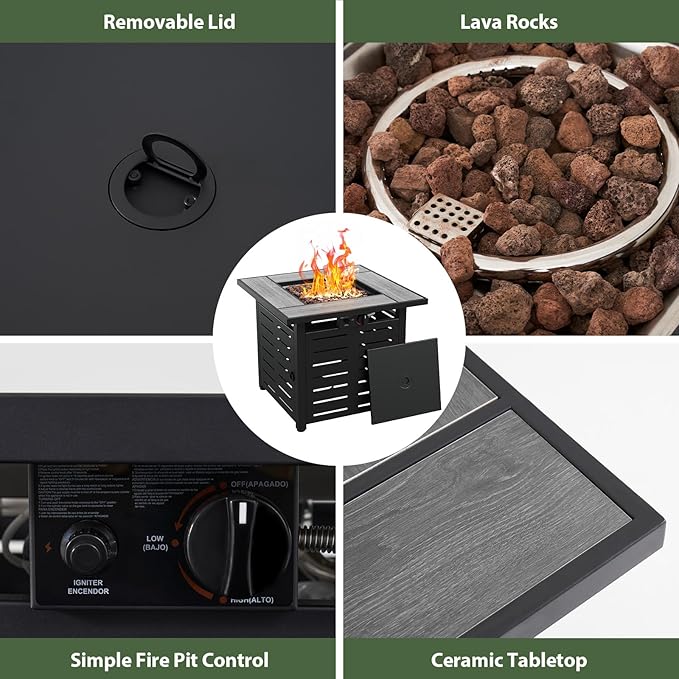 Aoxun 28" Propane Fire Pit Table Ceramic Top, 50000 BTU Outdoor Patio Heater with Lava Rocks, Rectangle Gas Fire Pits for Outside Patio with Removable Lid, Black